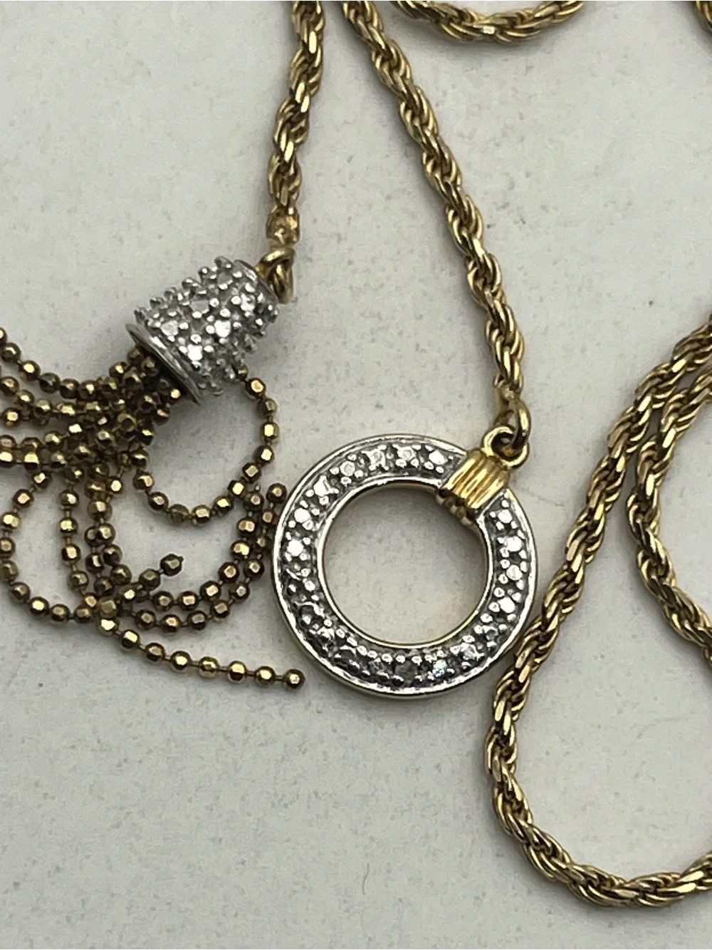 Lariat tassel necklace gold over sterling silver CZ chain